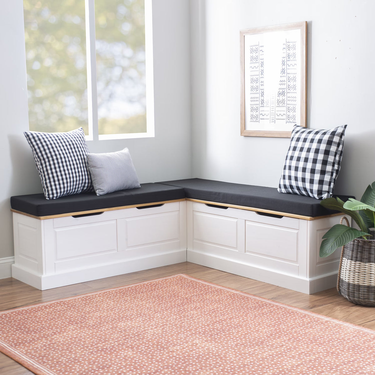 Linon Romero Backless Corner Nook with Storage, 5-Piece Cushion Set, Natural/White/Beige