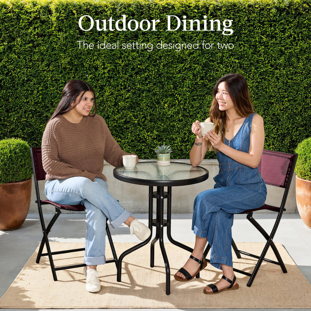 Best Choice Products 3-Piece Patio Bistro Dining Furniture Set w/ Glass Tabletop, Folding Chairs - Gray