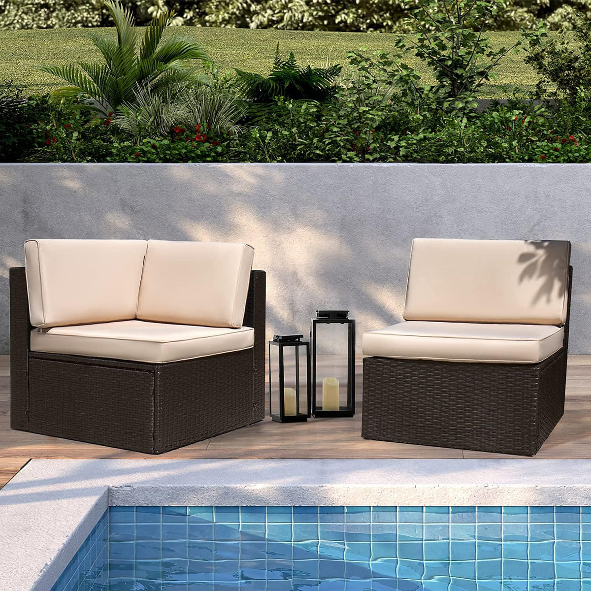 Devoko 5 Pieces Patio Furniture Sets All Weather Outdoor Sectional Patio Sofa Manual Weaving Wicker Rattan Patio Seating Sofas with Cushion and Glass Table(Beige)