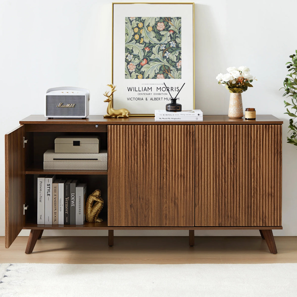 Wirrytor Sideboard Storage Cabinet with Doors and Shelves, Buffet Cabinet with Storage, Credenza Storage Cabinet for Kitchen, Wooden Fluted Cabinet, Under TV Cabinet with Storage - Black