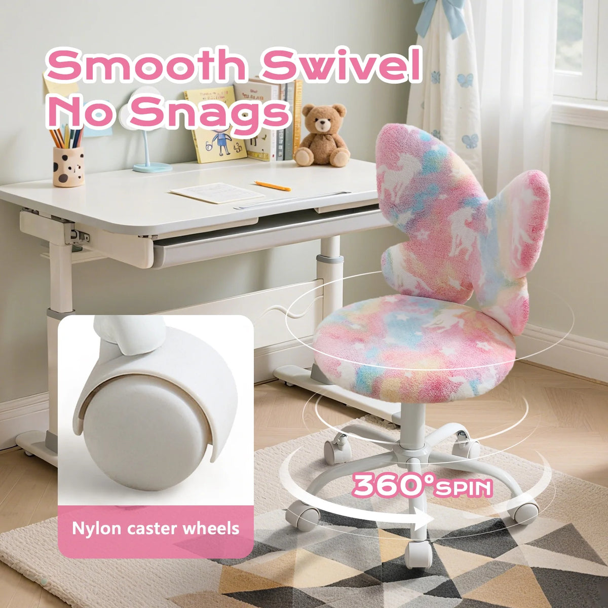Adorable Butterfly Kids Desk Chair - Comfy Swivel Computer Chair for Girls Room, Fluffy Kids Office Chair for Reading & Vanity,Blue