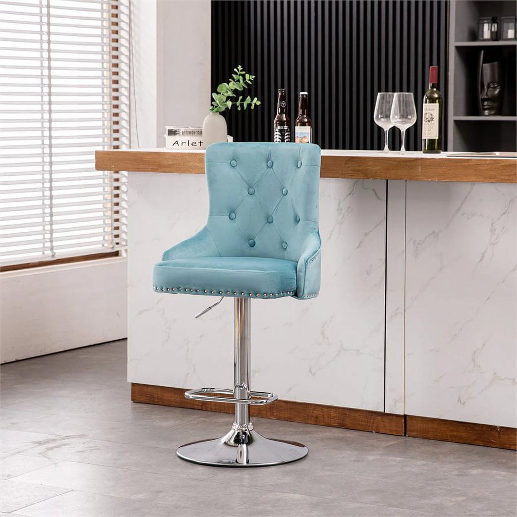 Alexent  2PCS Swivel Bar Stools, High Back, Button Tufted, Silver Footrest and Nailhead Trim Swivel Bar Chairs for Kitchen, Bar Velvet Upholstered Bar Stools, Dark Blue