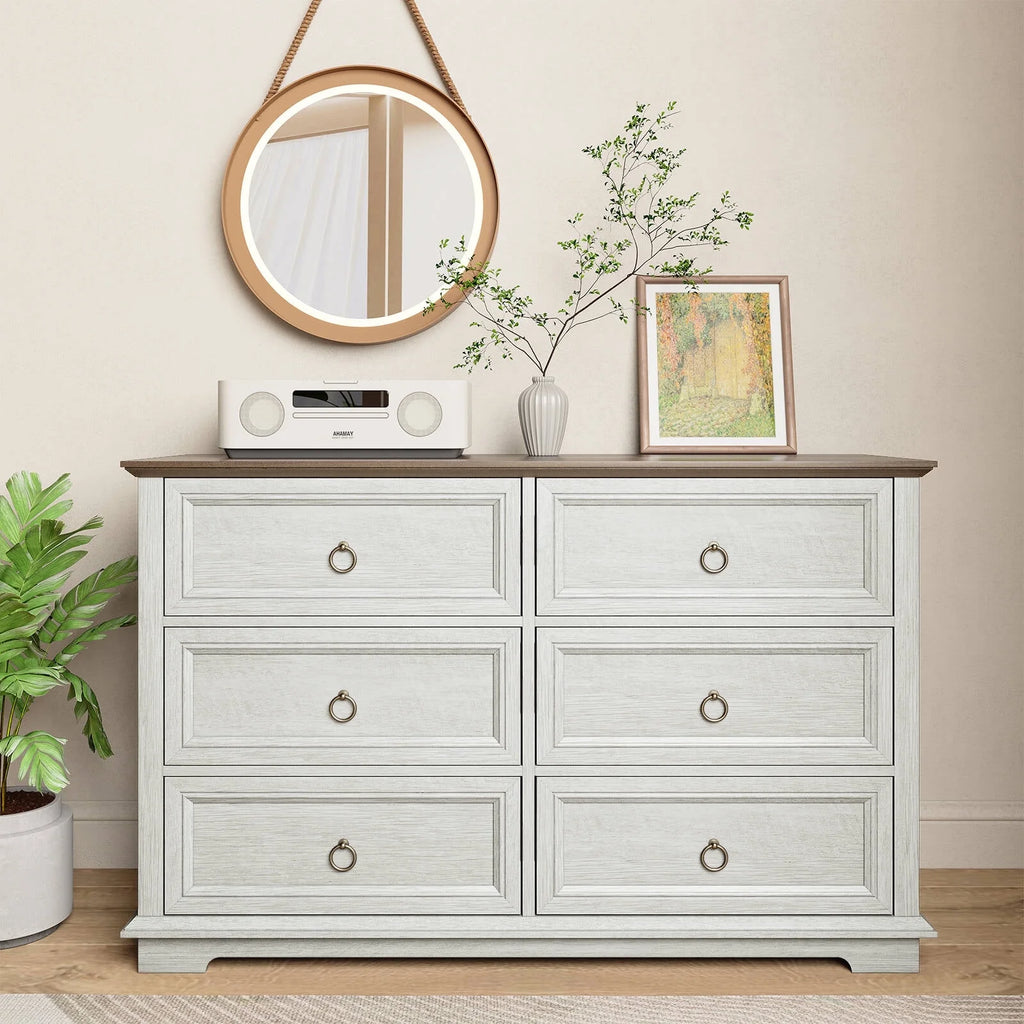FAGAGA 6 Drawers Dresser for Living Room,Storage Cabinet Wooden Dressers Organizer for Bedroom,White