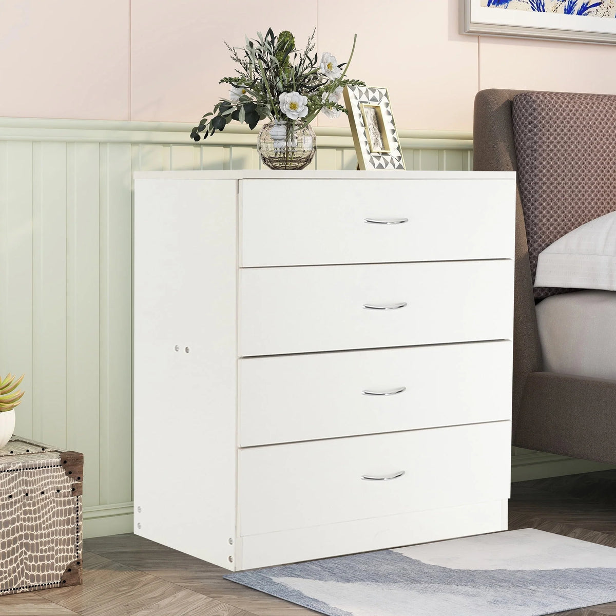 BTMWAY 4 Drawers Chest of Drawers, Wooden Chest of Drawers Storage Cabinet, Heavy Duty Wood Dresser Chest Cabinet for Bedroom, 25.98'' x 14'' x 22.05'', White