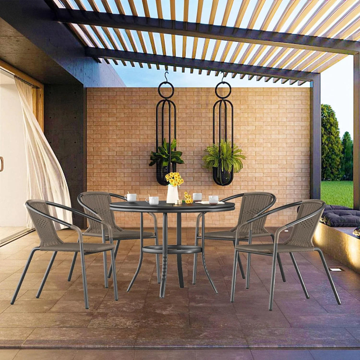 ELPOSUN Outdoor Dining Chairs Set of 6, Wicker Patio Chairs with Metal Frame, Rattan Indoor-Outdoor Chairs for Bistro, Deck, Backyard, Porch, Restaurant Stack Chair 6 Pack (Black)
