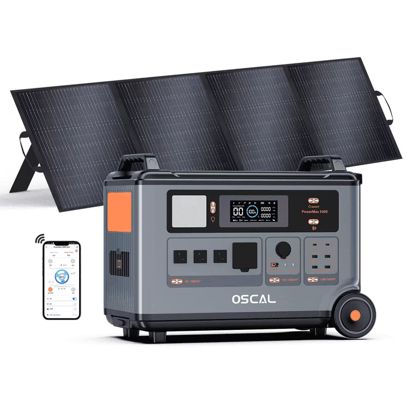 OSCAL PowerMax 6000 Portable Power Station, 3600Wh LiFePO4 Battery with 6000W Output, BP3600 Expansion Battery & 200W Solar Panels, Solar Generator for Camping, Home, Outdoor, Emergency Use