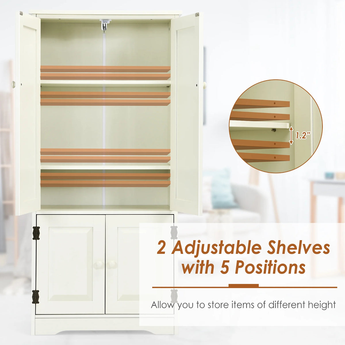 Costway Accent Floor Storage Cabinet W/ Adjustable Shelves Antique 2-Door Cream White