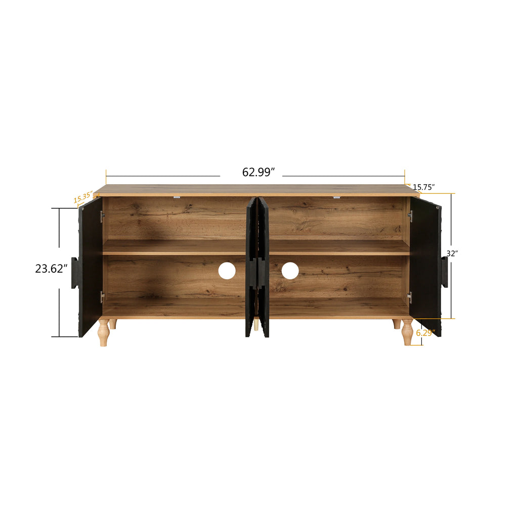 Aukfa 63" Large Accent Storage Cabinet TV Stand with Carved Door for Living Room,Entryway,Natural
