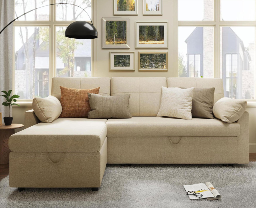 VANACC Sofa Bed, Adult Sleeper Sofa with Storage Chaise, Pull Out Couch for Bed Room, Gray Chenille