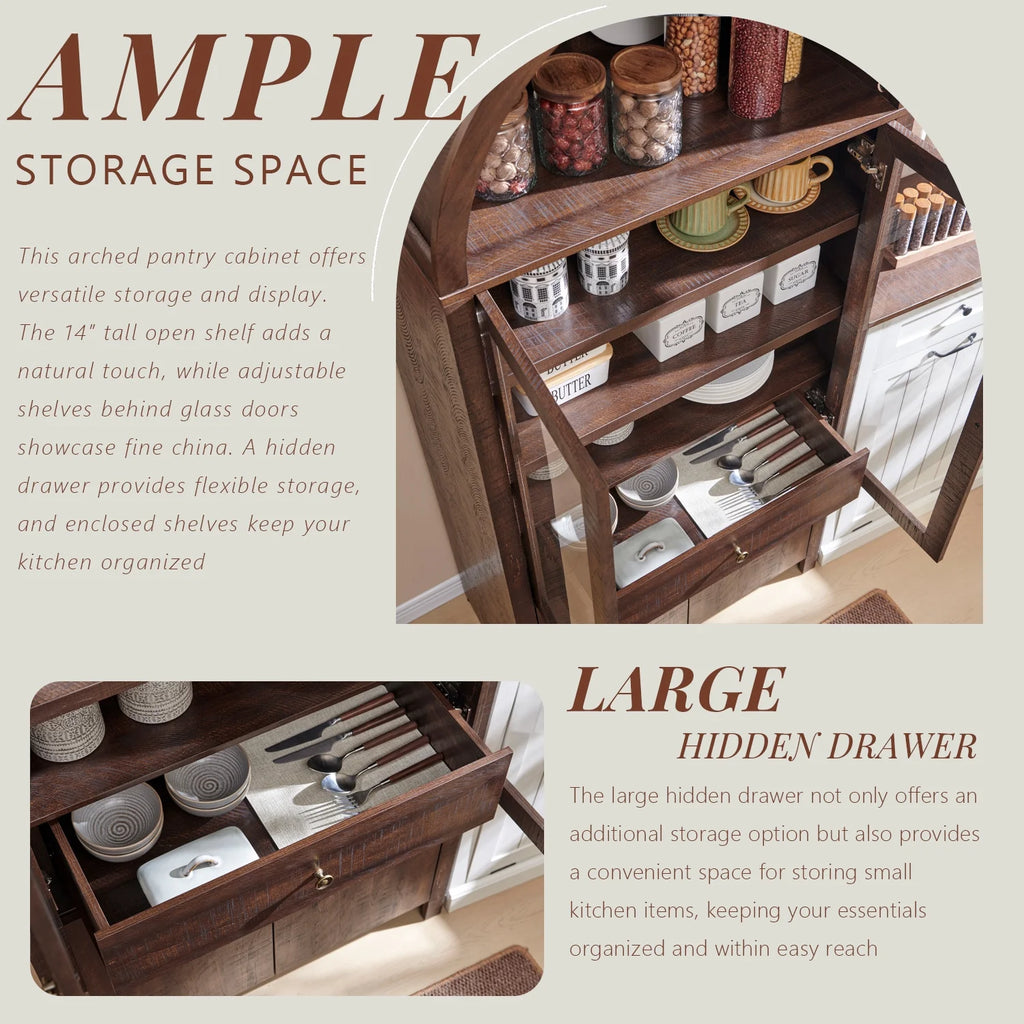 SinCiDo Arched Kitchen Pantry Storage Cabinet, 71-Inch Tall Wood Adjustable Shelves, 2 Doors, 2 Drawers