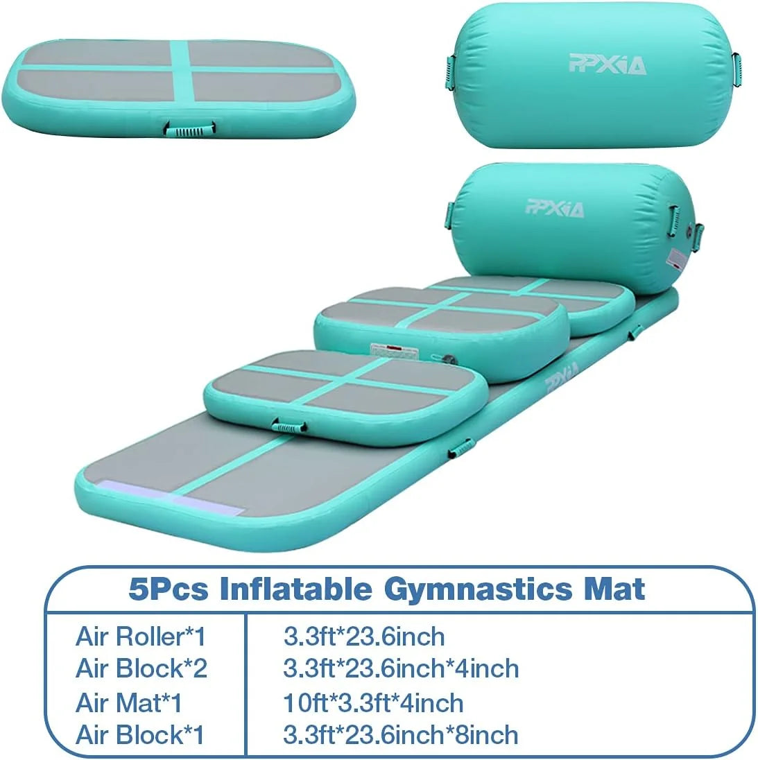 Gymnastics Mat Set 10FT Inflatable Tumbling Mat, 39*24 inch Air Roller Gymnastics Barrel and 3 Air Block with 800W Air Pump for Training Cheerleading Home Use Yoga and Water Use
