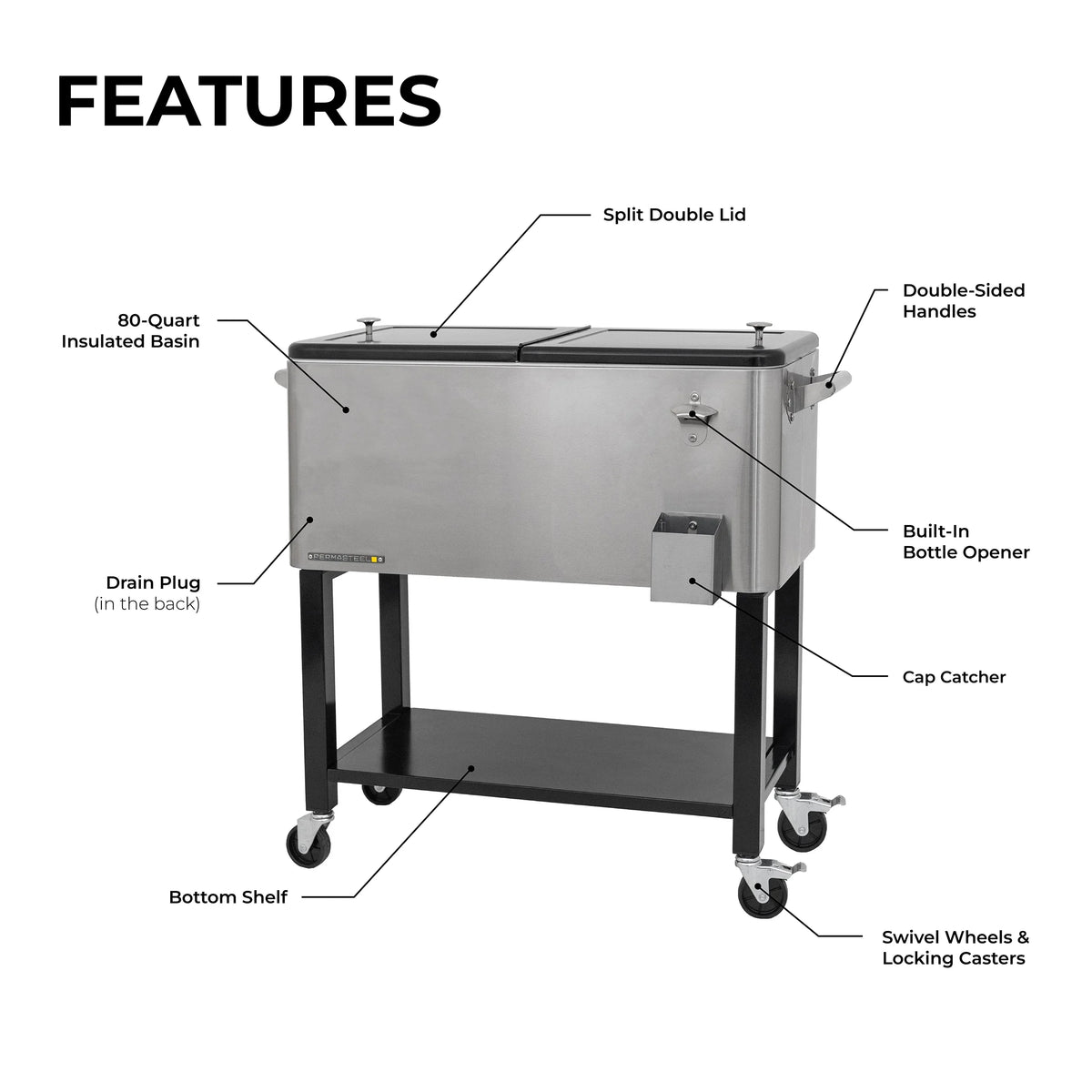 Permasteel 80-Qt Outdoor Steel Patio Cooler with Removable Basin, Rolling Cooler with Wheels, Teal Green