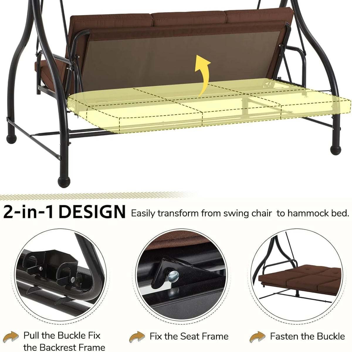 AECOJOY 3 Person Canopy Steel Porch Swing, Converting Swing Glider Hammock-Beige