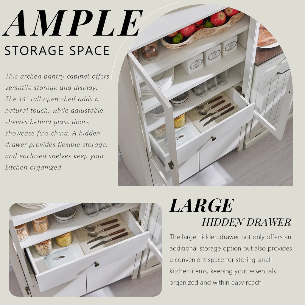 SinCiDo Arched Kitchen Pantry Storage Cabinet, 71-Inch Tall Wood Adjustable Shelves, 2 Doors, 2 Drawers