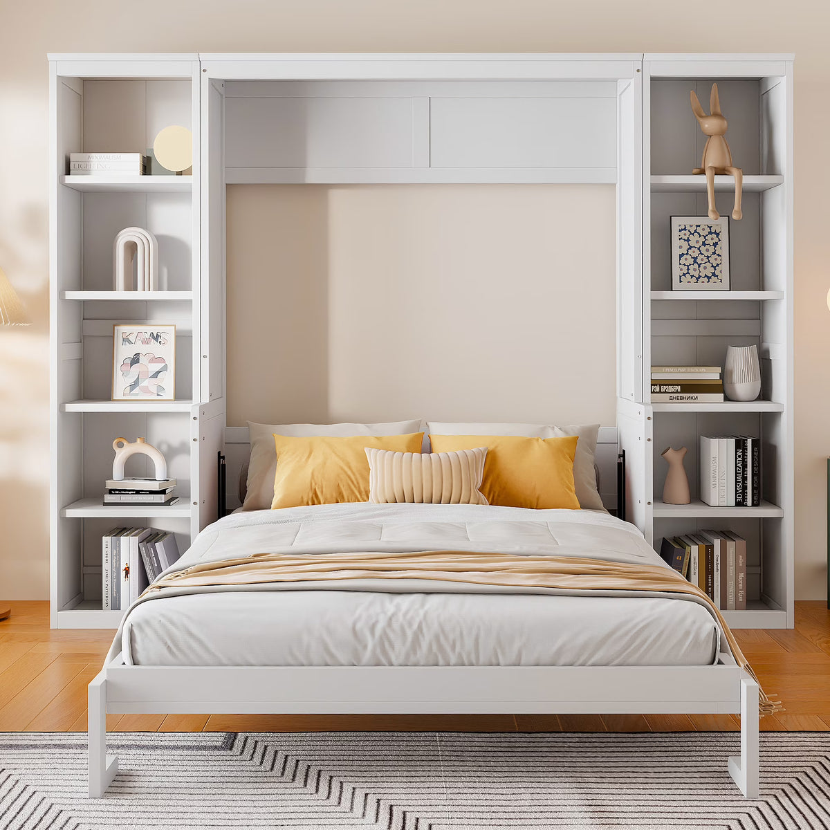 Euroco Wood Full Size Murphy Bed with Desk and Shelves, Space-Saving Wall Bed for Bedroom