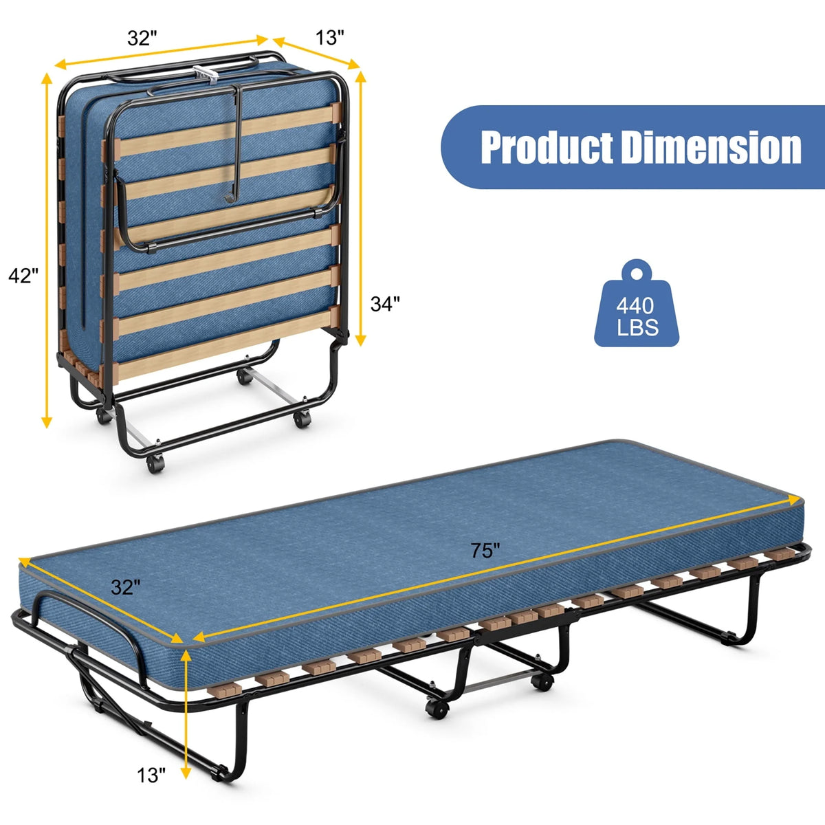 Costway Portable Folding Bed with Memory Foam Mattress Rollaway Cot  Navy Made in Italy