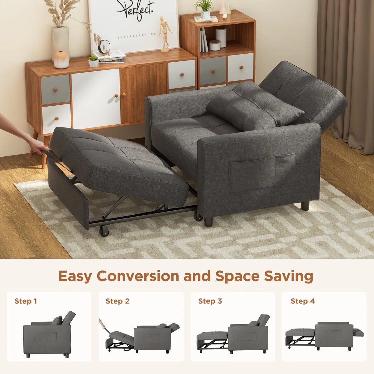 Convertible Sofa Bed, 73.6'' 3 in 1 Sleeper Chair Bed with Adjustable Backrest, Dark Gray