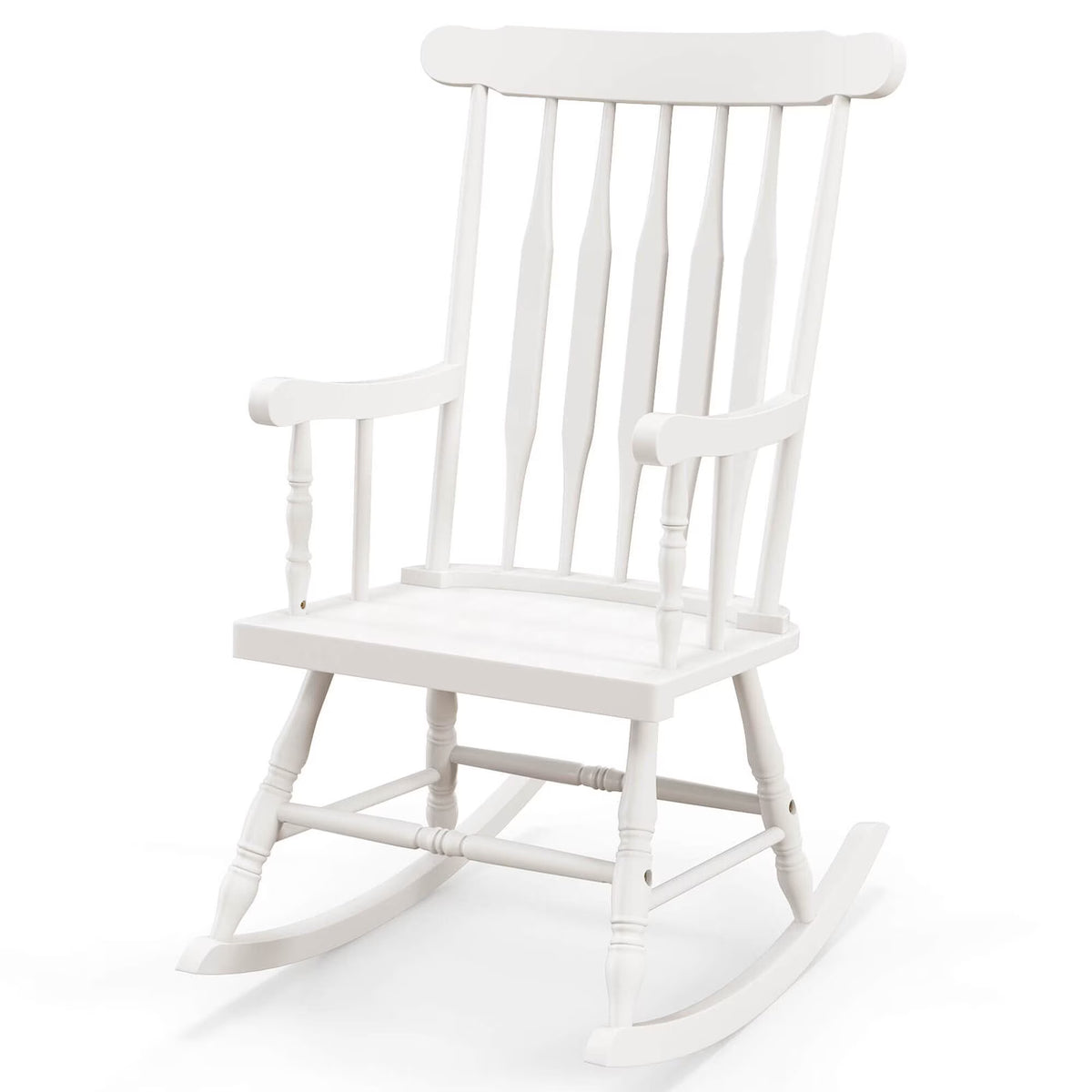 Costway Solid Wood Rocking Chair Porch Rocker Indoor Outdoor Seat Glossy Finish White