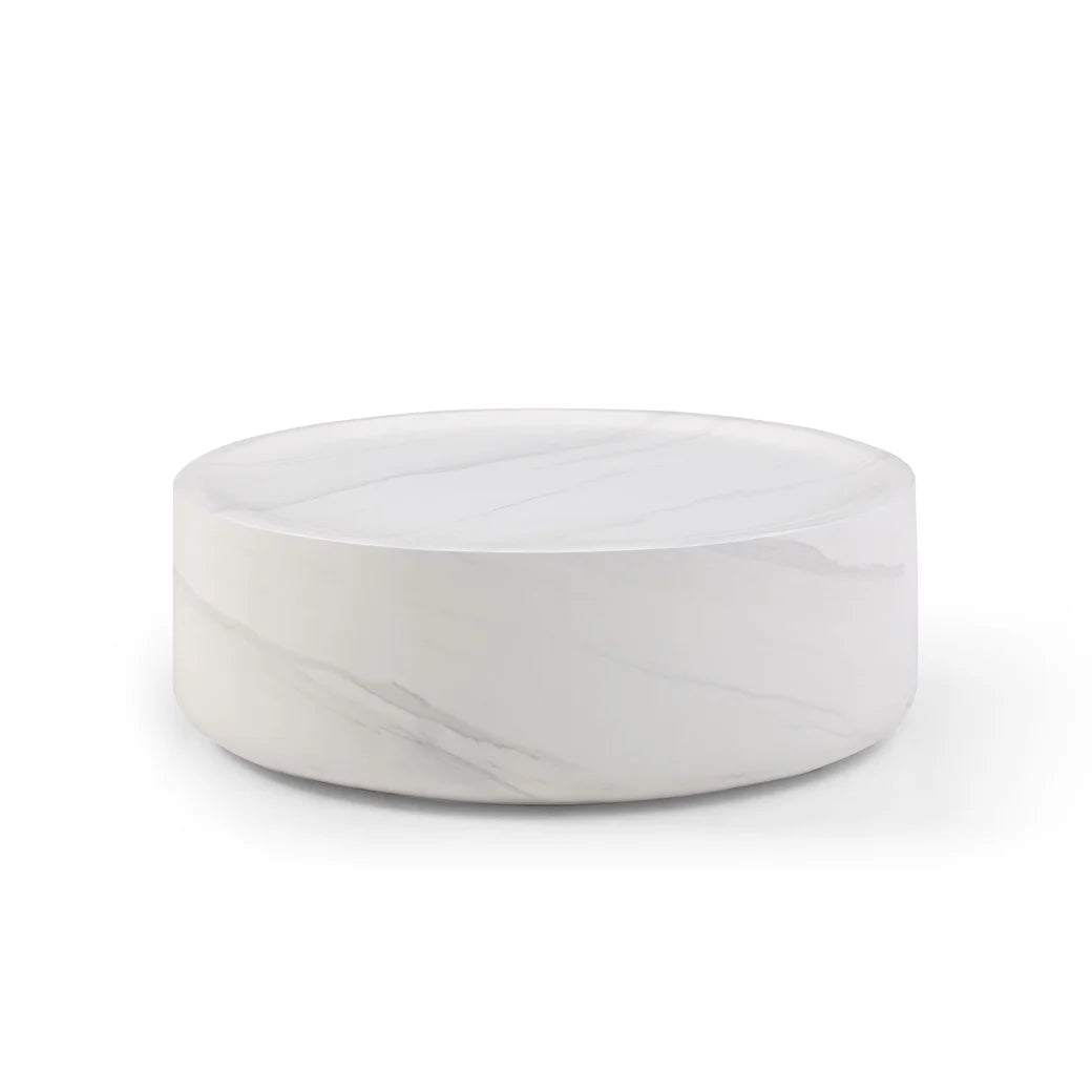 31.49'' Round Coffee Table with Marble Texture, Modern Low Drum Circle Fiberglass Coffee Table, Side Table Accent Table for Living Room, Outdoor, No Need Assembly, Marble