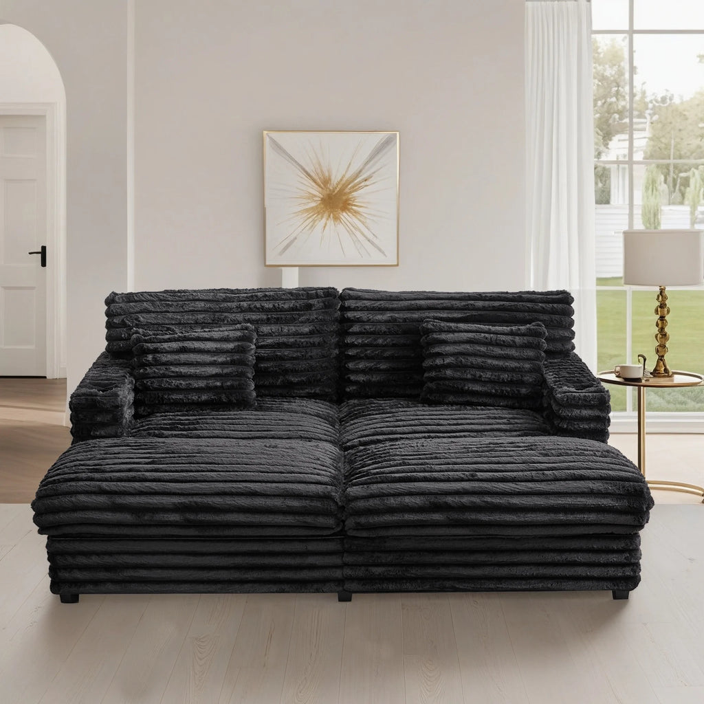 Oversized Double Chaise Lounge, Faux Fur Upholstered Deep Seat Sofa with 2 Pillows, 2 Cupholders, and Dual USB Ports
