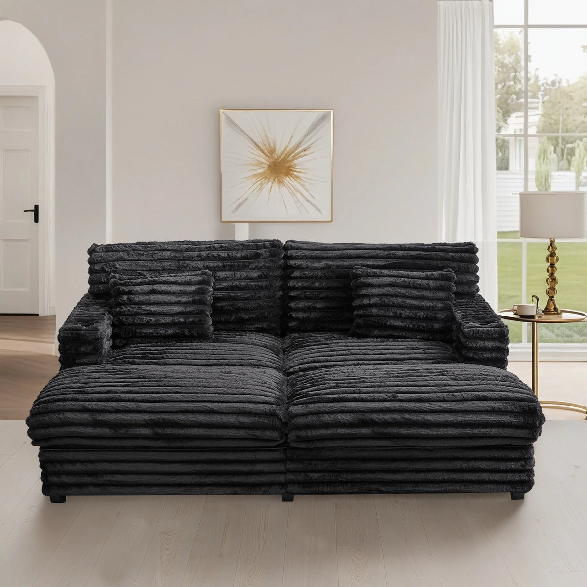 Oversized Double Chaise Lounge, Faux Fur Upholstered Deep Seat Sofa with 2 Pillows, 2 Cupholders, and Dual USB Ports