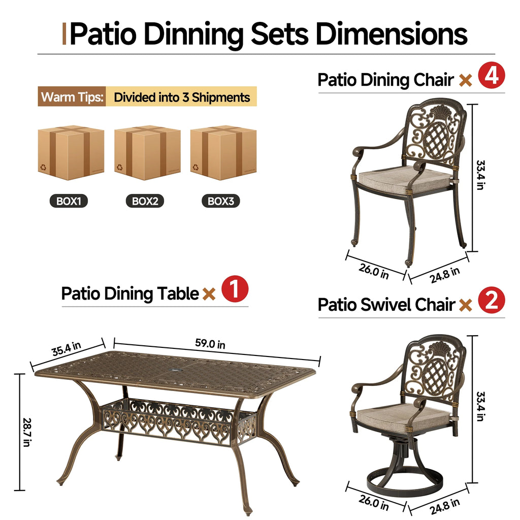 7-Piece Patio Furniture Dining Set, All-Weather Cast Aluminum Outdoor Table and Chairs for 6, Includes 4 Dining Chair & 2 Swivel Chairs & 60���� Rectangular Table, Beige