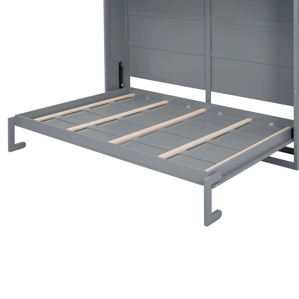 Queen Size Murphy Bed Wall Bed with Top Shelves & USB Charging, Space-Saving Cabinet Bed with Flexible Slats, Gray Modern Foldable Bed