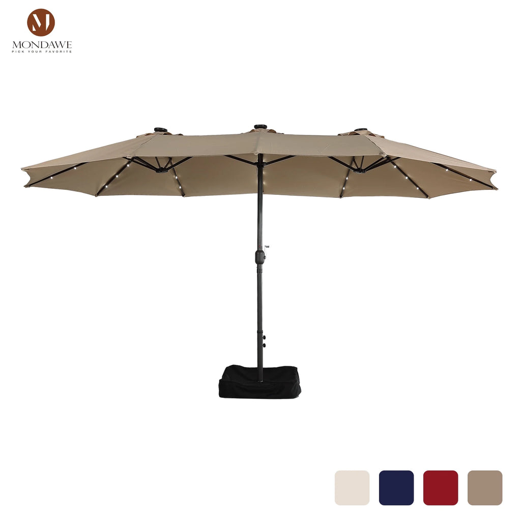 Mondawe 15ft Patio Umbrella Rectangular Outdoor Market Umbrella with Base and LED Lights Beige