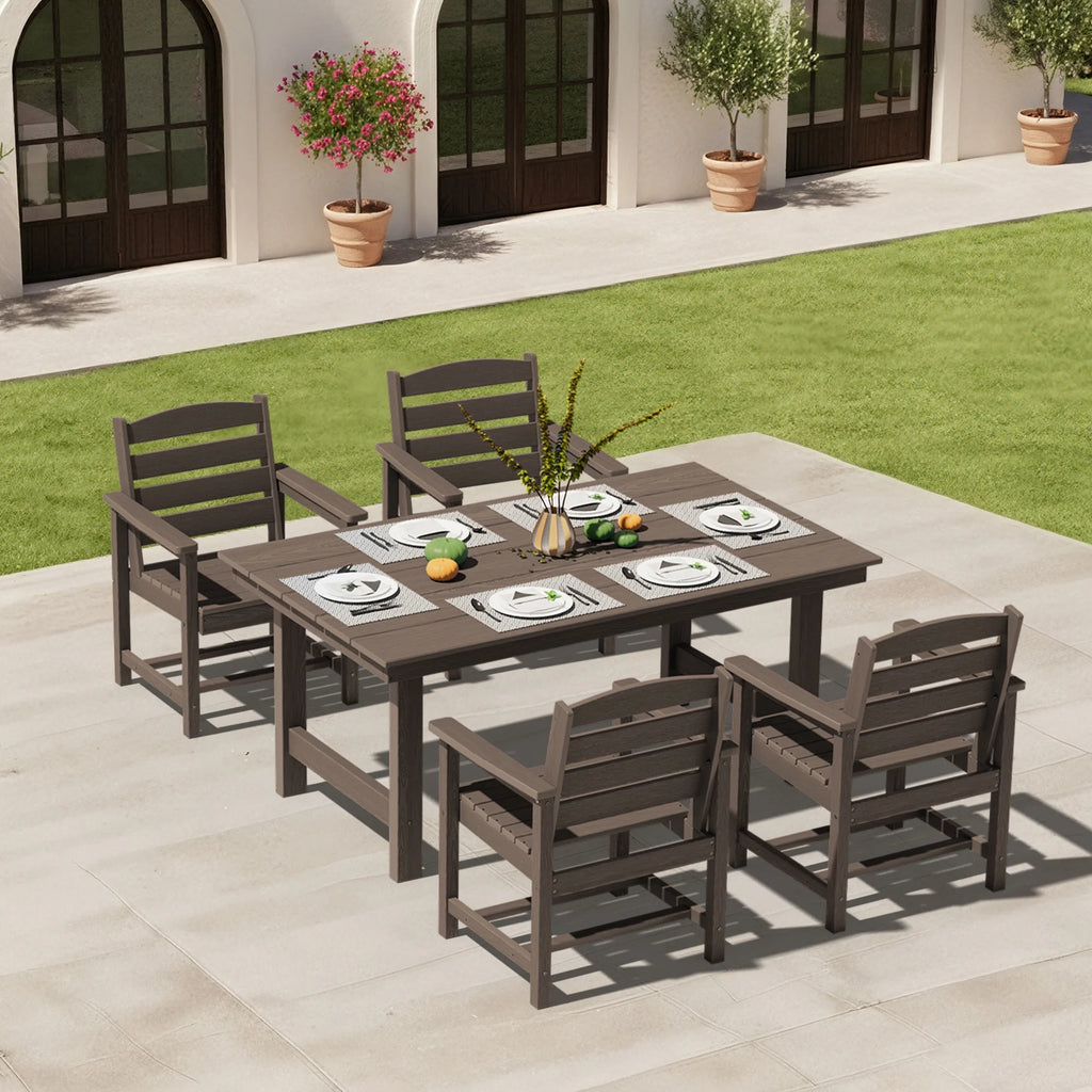 KINGYES 7-Piece Outdoor Dining Set, HDPE Patio Table and Chairs with Umbrella Hole, Gray