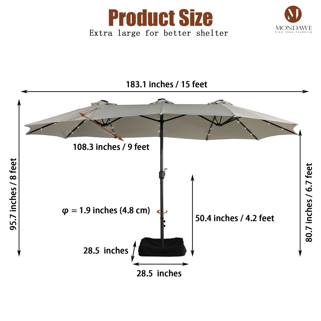 Mondawe 15ft Patio Umbrella Rectangular Outdoor Market Umbrella with Base and LED Lights Beige