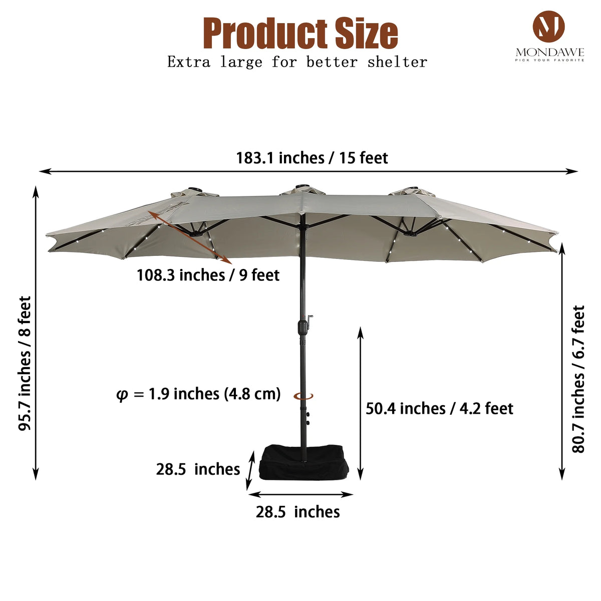 Mondawe 15ft Patio Umbrella Rectangular Outdoor Market Umbrella with Base and LED Lights Beige