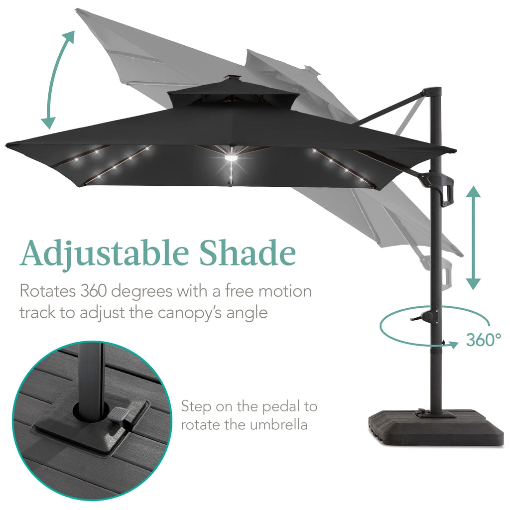 Best Choice Products 10x10ft 2-Tier Square Outdoor Solar LED Cantilever Patio Umbrella w/ Base Included - Tan