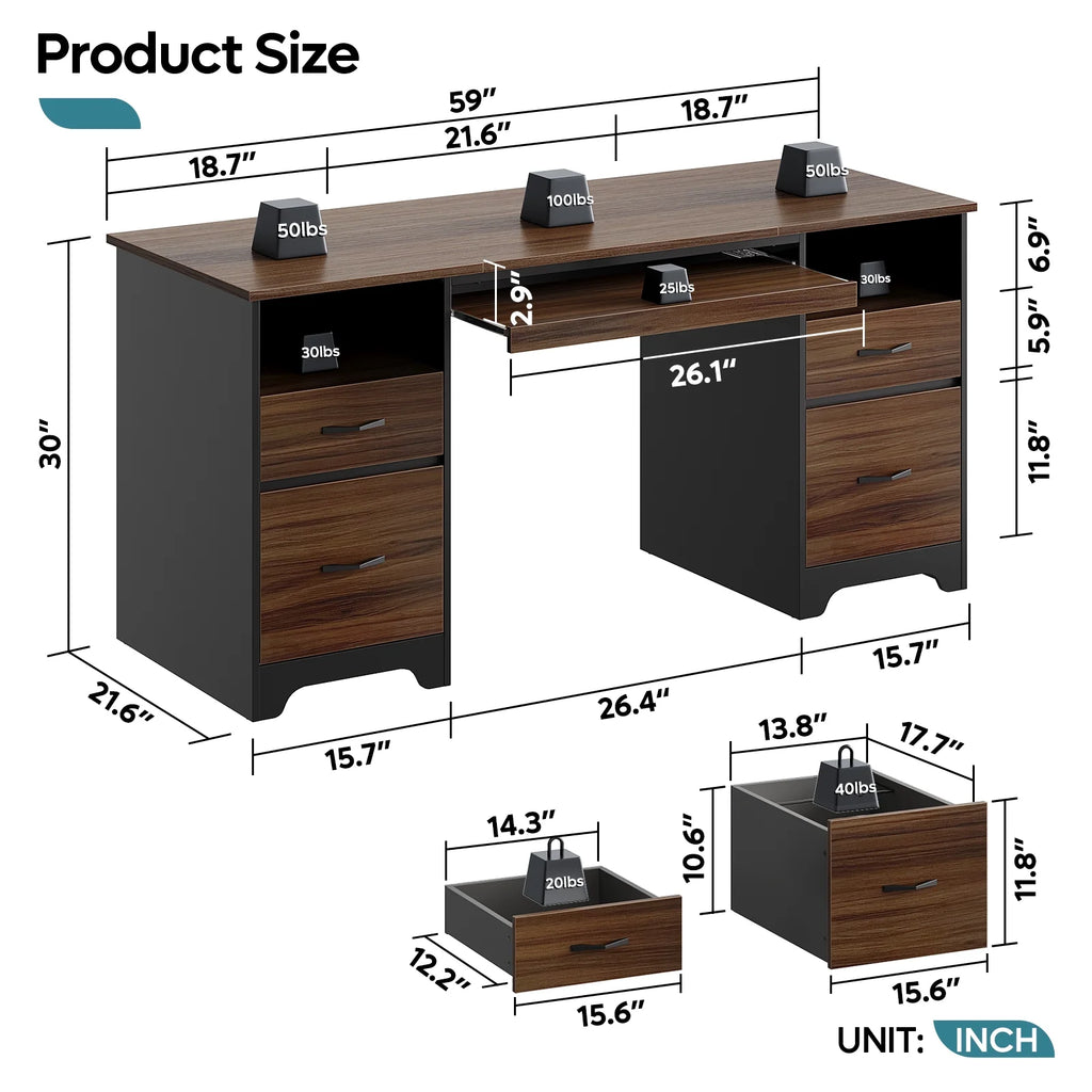 Bestier 59�� Computer Desk with 4 Drawers, Office Executive Desk with File Drawer, Keyboard Tray for Home Office, Gray