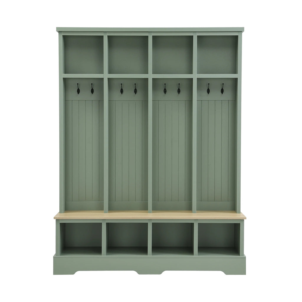 Euroco Farmhouse 59"W Wide Hall Tree with 8 Hooks, Practical Entryway Bench with Open Compartments, 76.7"H Modern 3-in-1 Wooden Style Coat and Shoe Rack for Mudroom, Living Room, Green