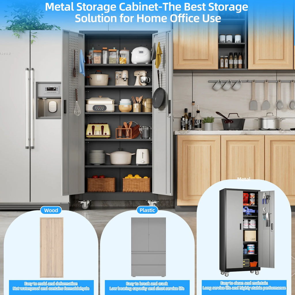 SUPEER Metal Rolling Storage Cabinets with Locking Doors and 5 Adjustable Shelves, Steel Garage Storage Cabinet for Garage, Office, Classroom, Assemble Required(Black)