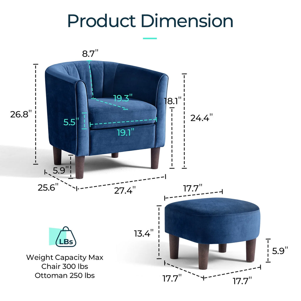 LINSY HOME Accent Chair Set of 2, Velvet Accent Chair with Ottoman for Living Room, Blue
