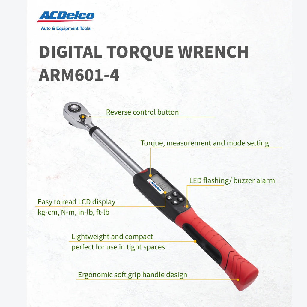 ACDelco ARM601-4 1/2" (14.8 to 147.5 ft-lbs.) Heavy Duty Digital Torque Wrench with Buzzer and LED Flash Notification-ISO 6789 Standards with Certificate of Calibration