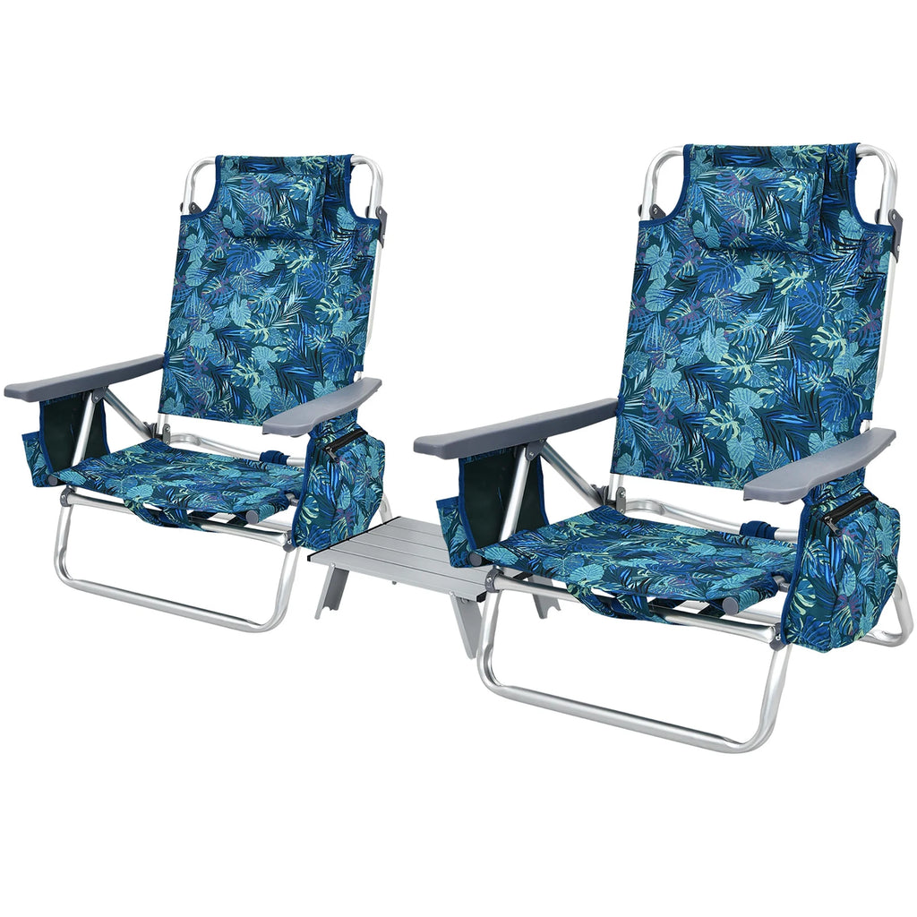 Costway 2-Pack Folding Backpack Beach Chair Table Set 5-Position Outdoor Reclining Chair Pink