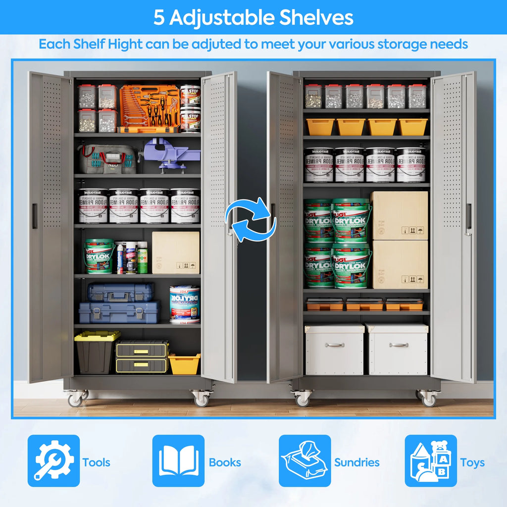 SUPEER Metal Rolling Storage Cabinets with Locking Doors and 5 Adjustable Shelves, Steel Garage Storage Cabinet for Garage, Office, Classroom, Assemble Required(Black)