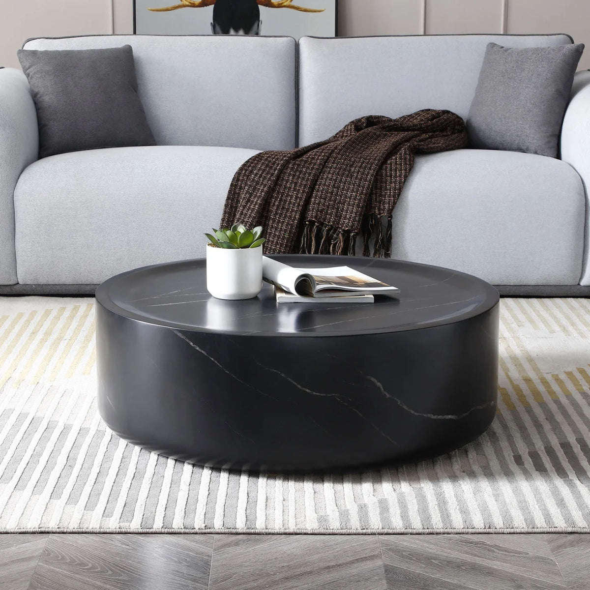 31.49'' Round Coffee Table with Marble Texture, Modern Low Drum Circle Fiberglass Coffee Table, Side Table Accent Table for Living Room, Outdoor, No Need Assembly, Marble