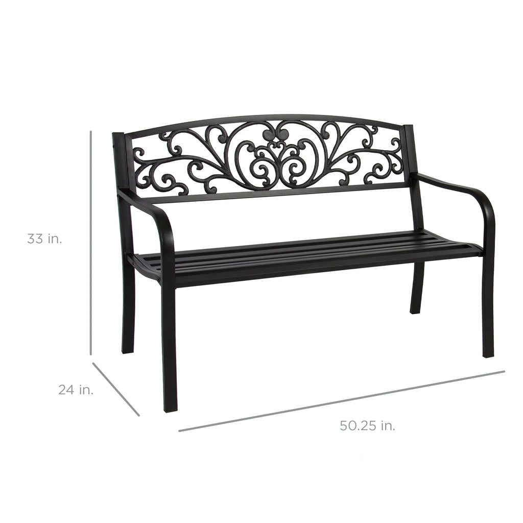 Best Choice Products Outdoor Steel Bench Garden Patio Porch Furniture w/ Floral Design Backrest - Black