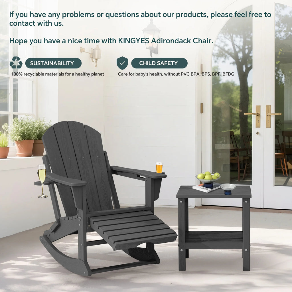 KINGYES Folding Adirondack Rocker Chair Set of 2 W/ Footrest & Dual Cup Holders, HDPE Outdoor Patio Rocking Chair, Black