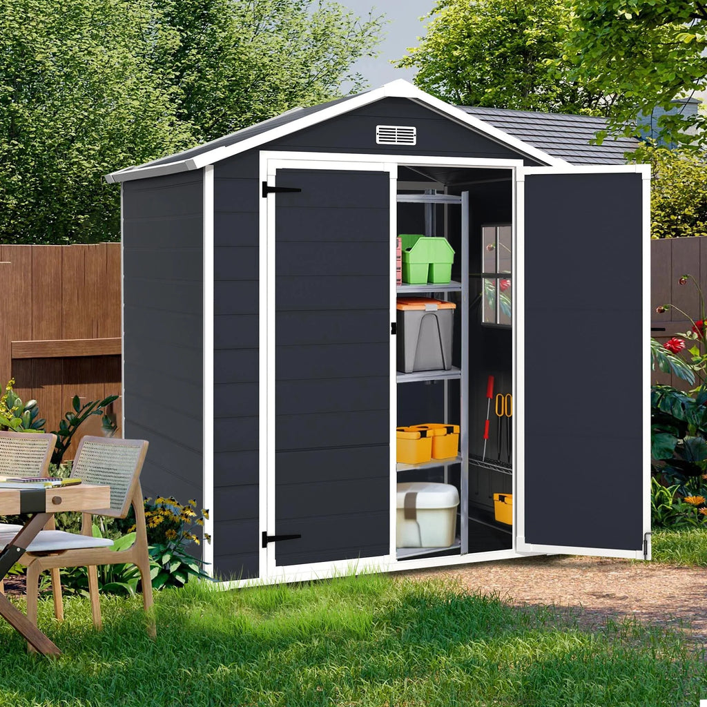 Outdoor Shed & Storage, Seizeen All-Weather Plastic Sheds 82'' H, Sloped Top Garden Shed with Window, Heavy-Duty Resin Outdoor Storage W/Floor, Gray