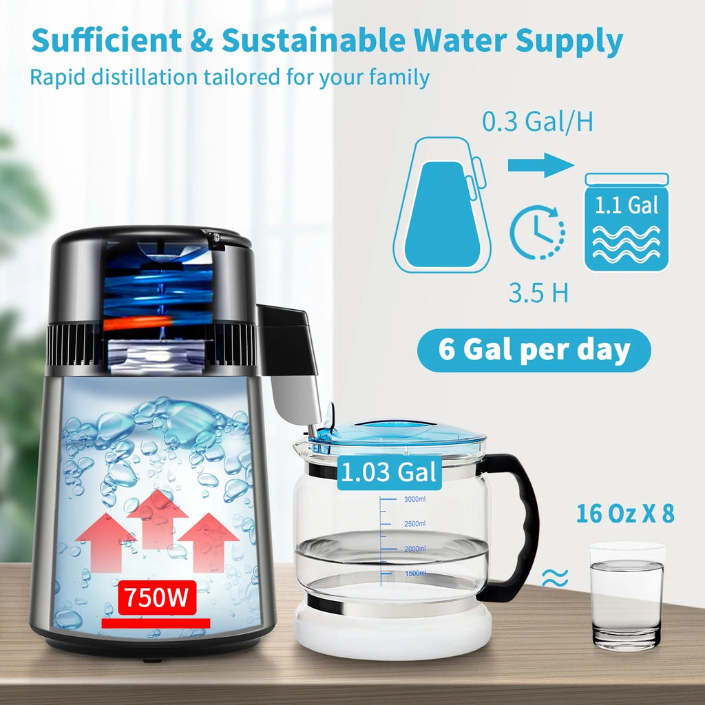 KFFKFF Water Distiller Distilled Water Maker Machine 4L/1.1Gal  0.3Gal/H Output, 750W Power, 0-99H Adjustable Timing