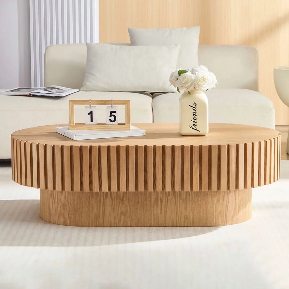 FFH 43.7 inch Oval Coffee Table for Living Room,Handcraft Rustic Corner Coffee Table Nature Wood Relief Sturdy Pedestal for Apartmen,Side Table Centre Table,Nature Wood