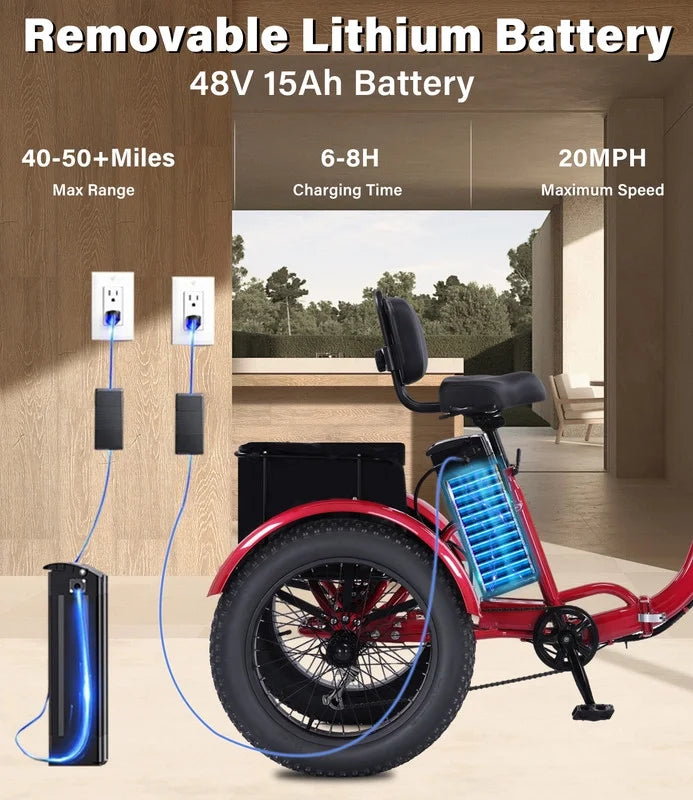 YEBEI Electric Tricycle for Adults Folding E-Trike Motorized Tricycle Electric 3 Wheels Trike Powerful 500W Motor Electric Tricycle 48V15AH Lithium Battery Max 20MPH 20*4.0�� Fat Tire Orange