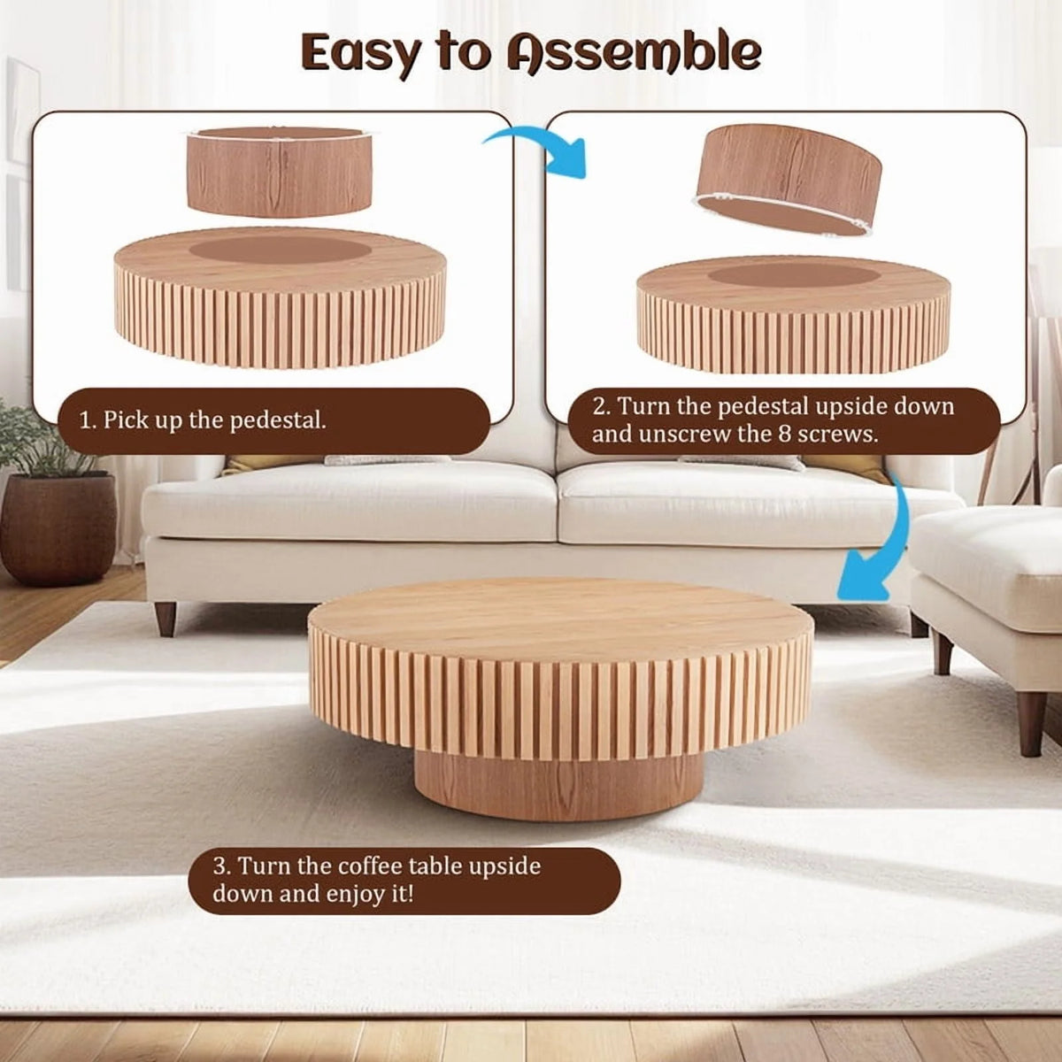 FFH 43.7 inch Oval Coffee Table for Living Room,Handcraft Rustic Corner Coffee Table Nature Wood Relief Sturdy Pedestal for Apartmen,Side Table Centre Table,Nature Wood