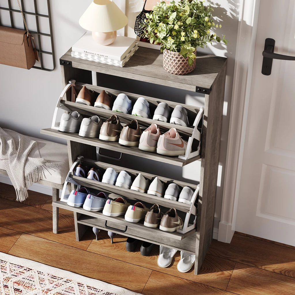 VEANERWOOD Shoes Storage Cabinet With Doors, Farmhouse Shoe Cabinet With 2 Flip Drawers For Entryway,Gray