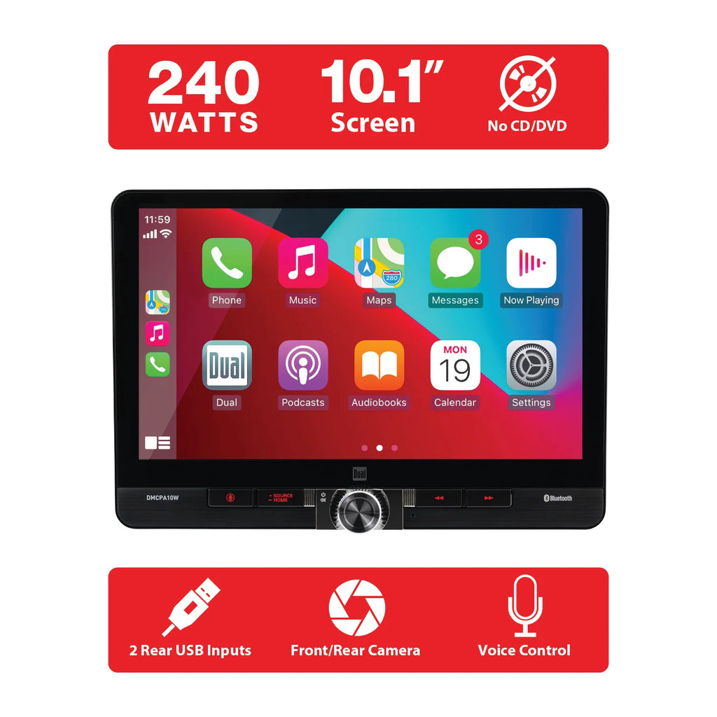 Dual Electronics 10.1" Touchscreen Car Stereo Receiver with Wireless Apple CarPlay & Android Auto �C Includes Single & Double DIN Adapters, Bluetooth, USB �C DMCPA10W (New)