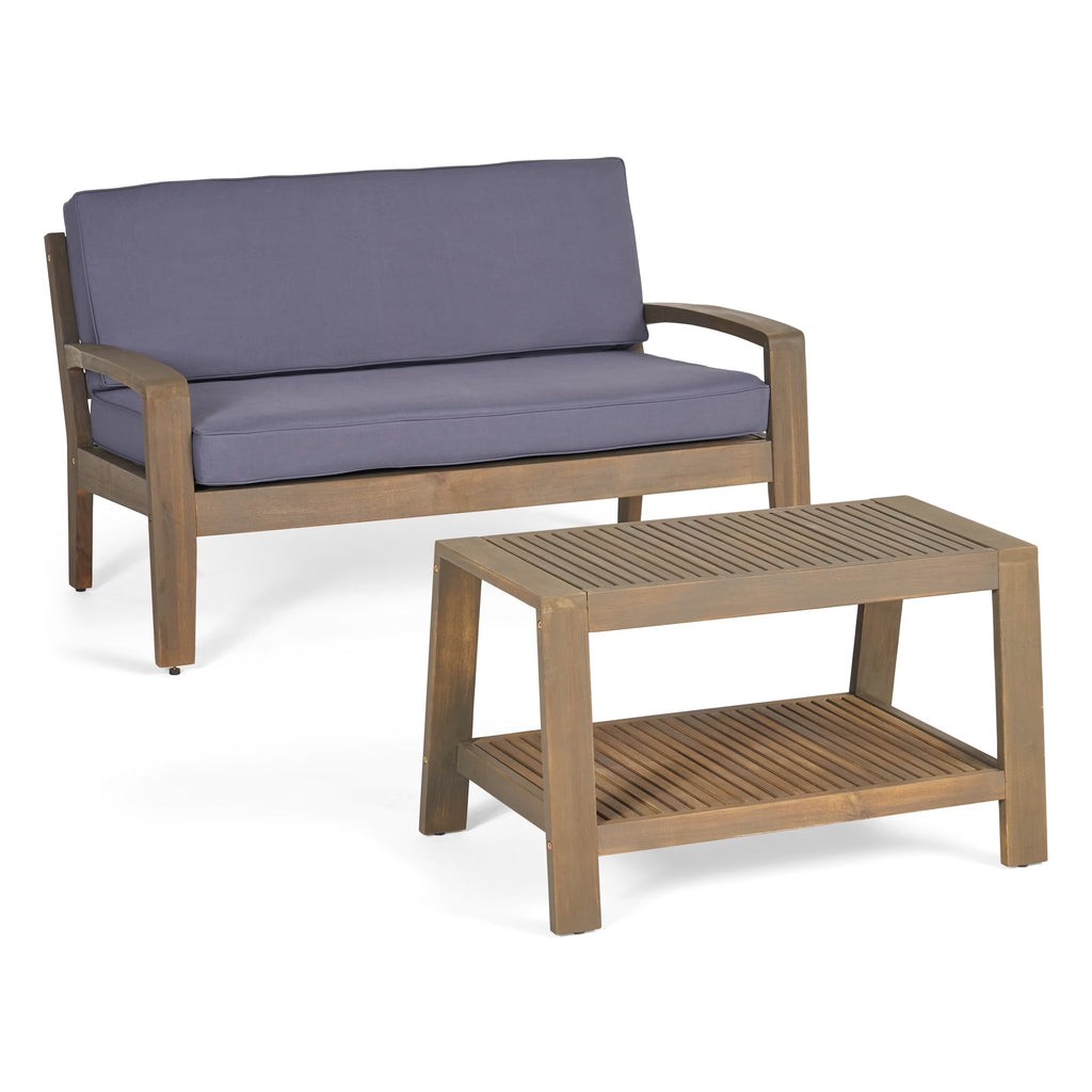 Wilcox Outdoor Acacia Wood Loveseat and Coffee Table Set with Cushions, Grey, Dark Grey